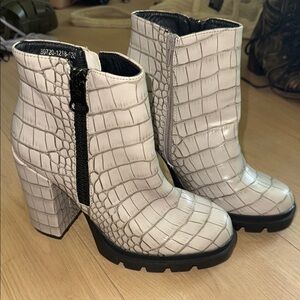 Croc-Embossed Ankle Boots - Cream